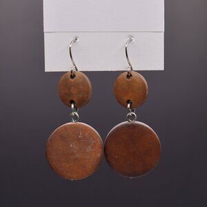 Brown Wooden Disc Dangle Earrings Boho Natural Double Circle 1.5 Inch